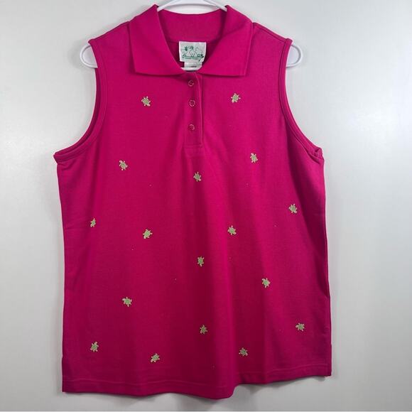 The Quacker Factory New Pink Green Turtle Print Collared Sleeveless Polo Top L - Picture 10 of 10